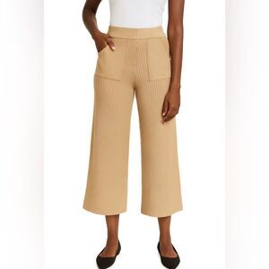 NWT PAIGE Olivine Ribbed Knit Wide Leg Cropped Pants Camel Tan Medium